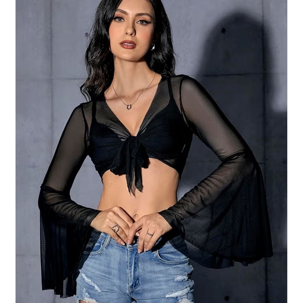 Elegant Black Sheer Bell Sleeve Top